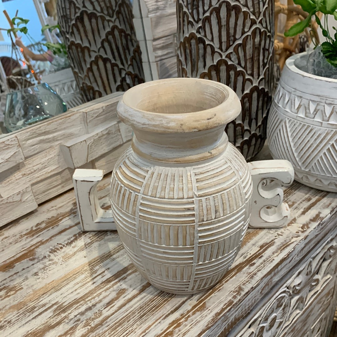 White wash / natural carved timber vase. Small - Bali Beach Beyond