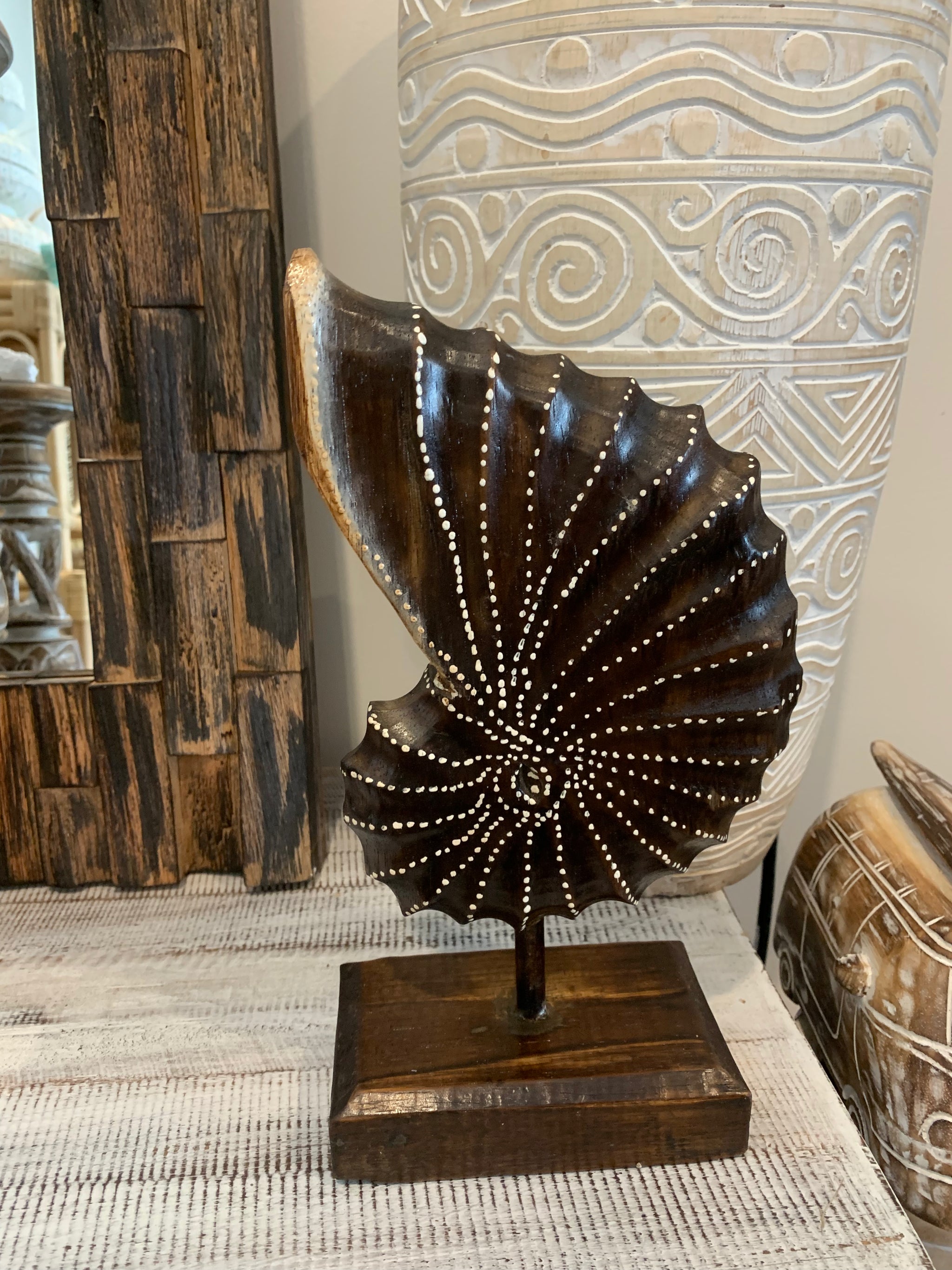 Carved timber shell on stand. Brown. Design 2. M - Bali Beach Beyond