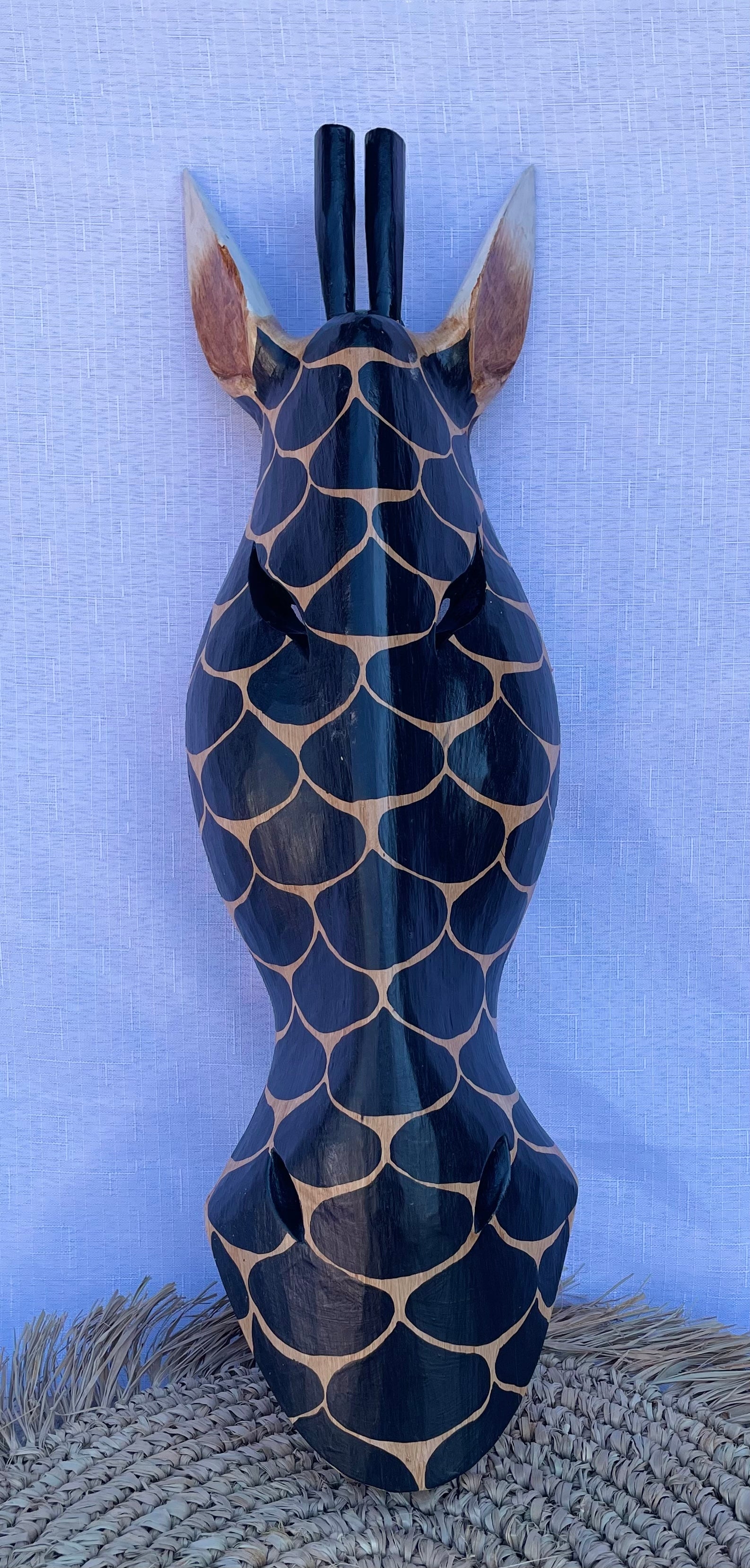 Black handpainted timber giraffe mask. Wall hanging - Bali Beach Beyond