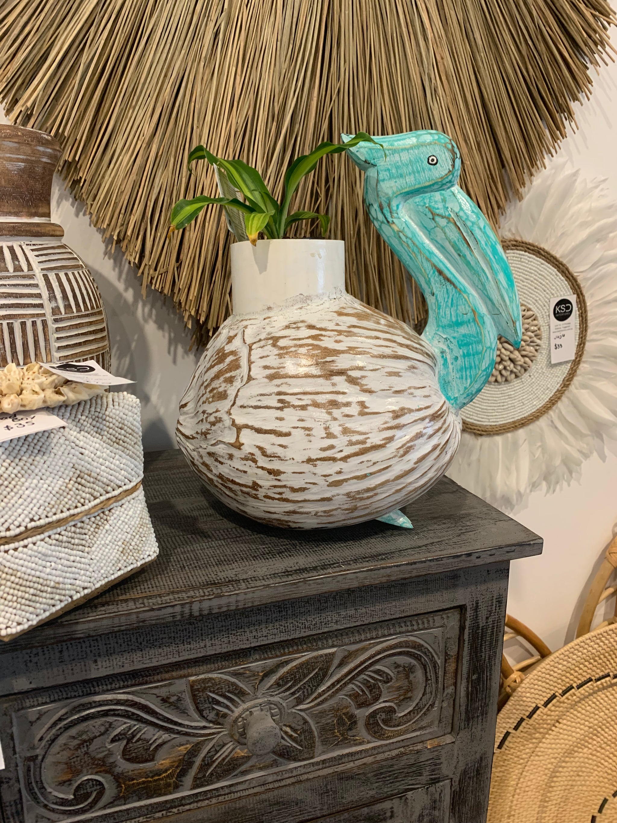 Coconut Pelican plant holder. White body and turquoise head - Bali Beach Beyond