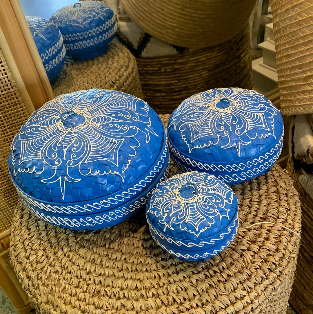 Blue set 3 container with lids. Hand painted mandala. Usually $95 - Bali Beach Beyond