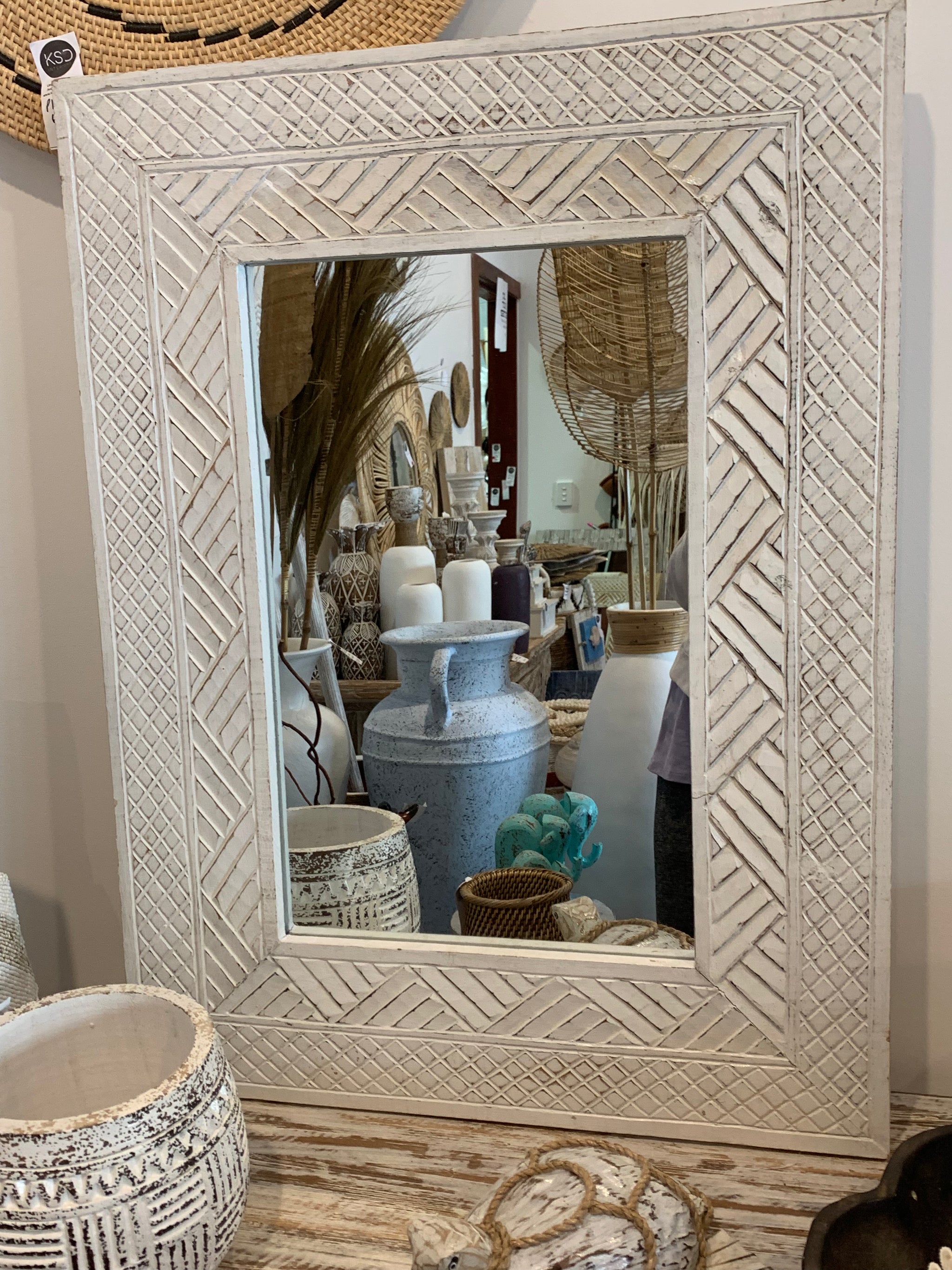 White carved timber mirror - Bali Beach Beyond