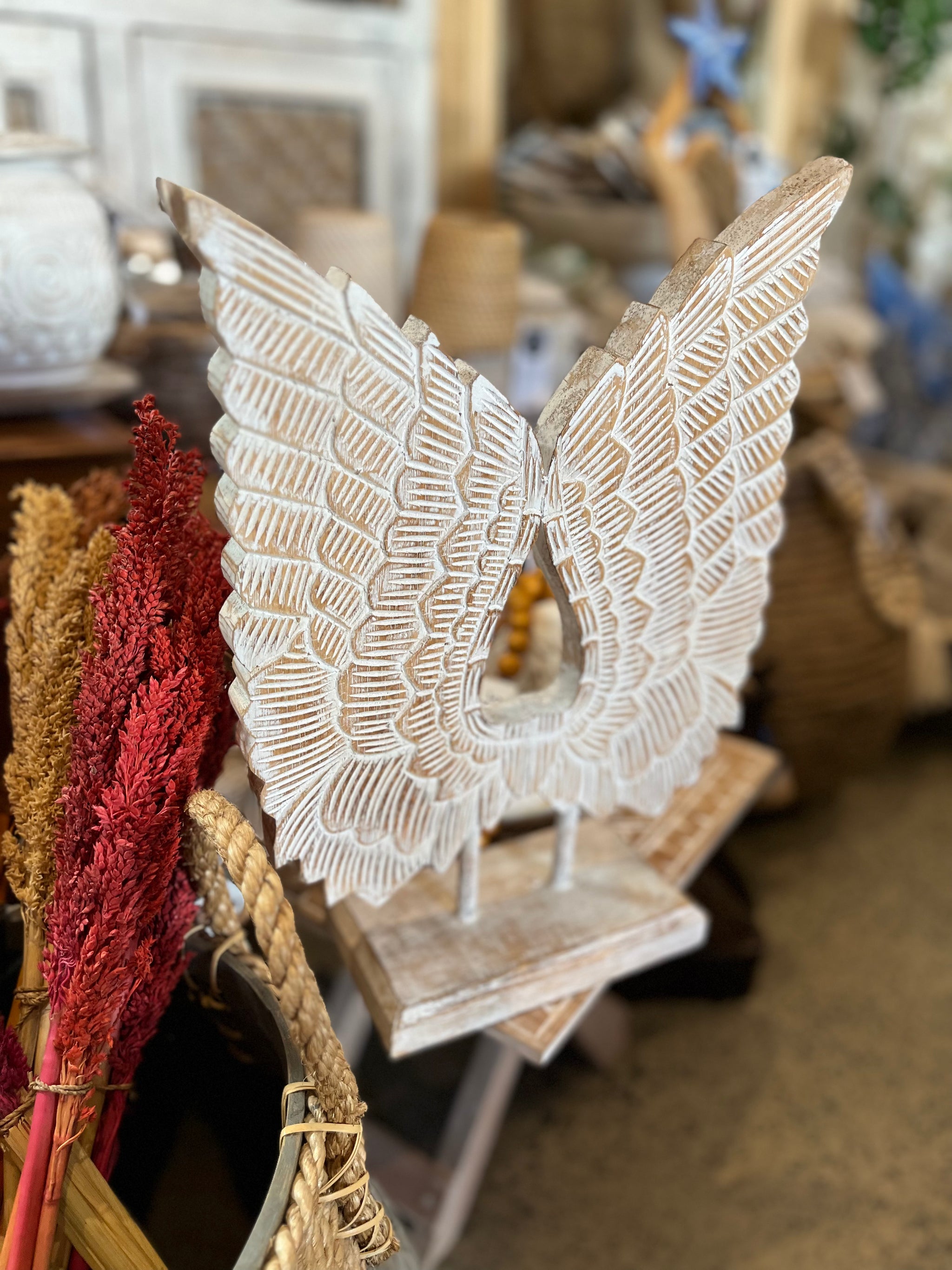 Carved timber angel wings natural. 38cm h - Bali Beach Beyond