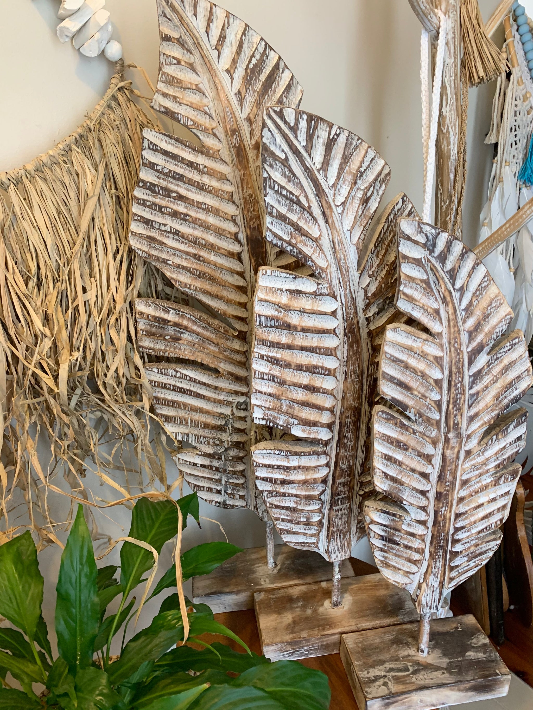 Set 3 brown timber carved leaf on stands - Bali Beach Beyond