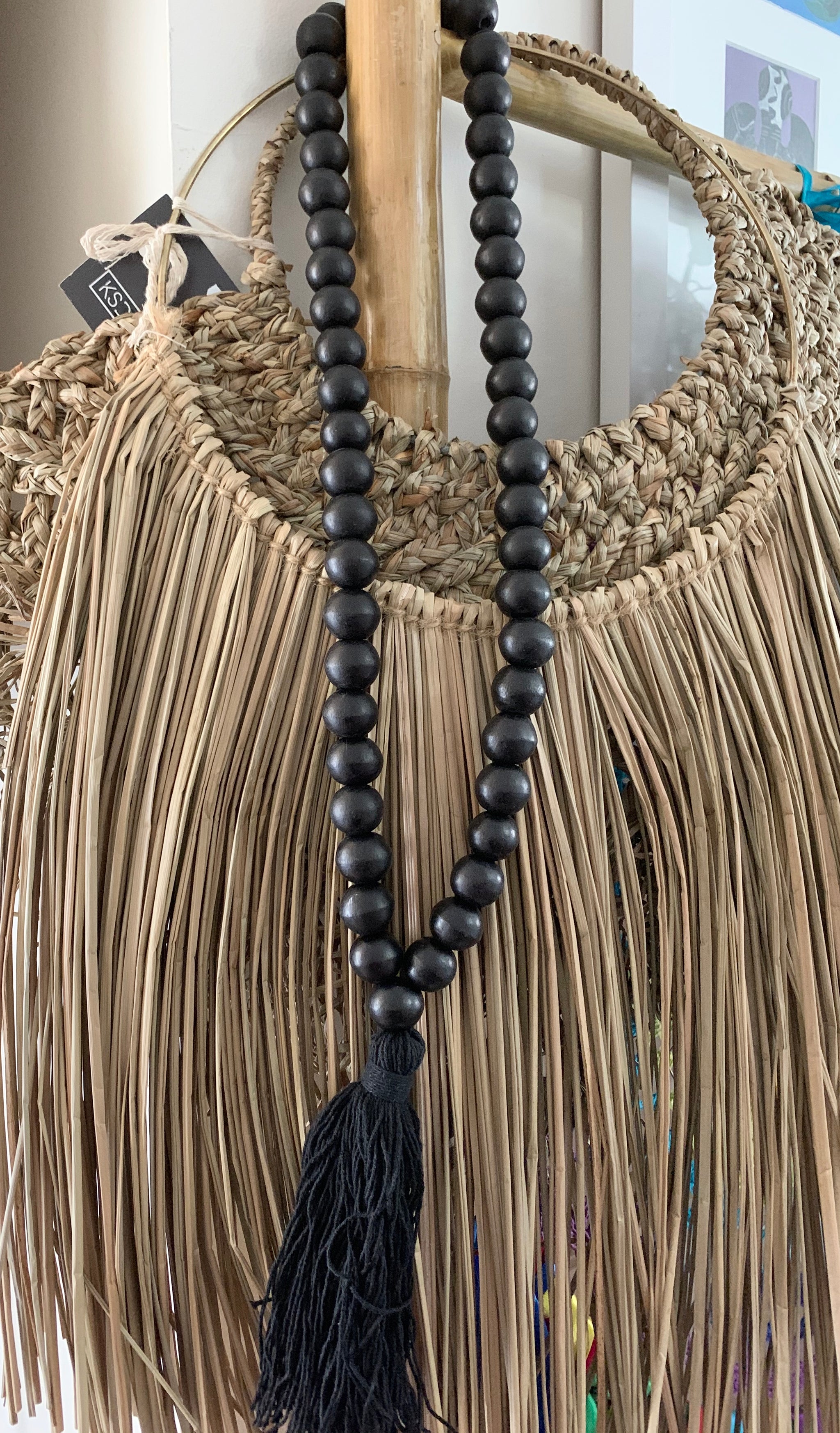 Black bead necklace / tassel decoration. 60cm approx - Bali Beach Beyond