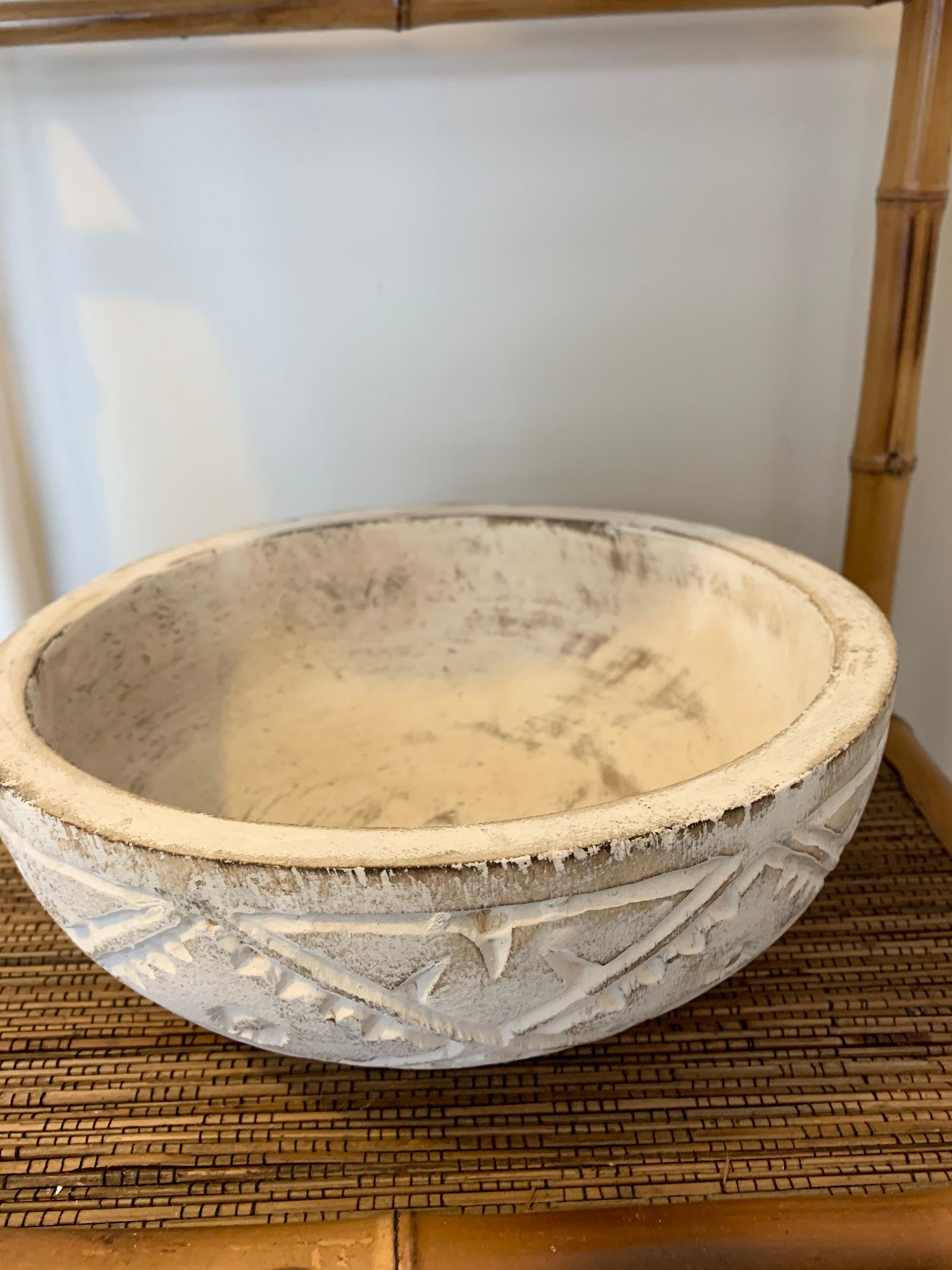 White handcarved timber decorative bowl 25cm x 9cm - Bali Beach Beyond