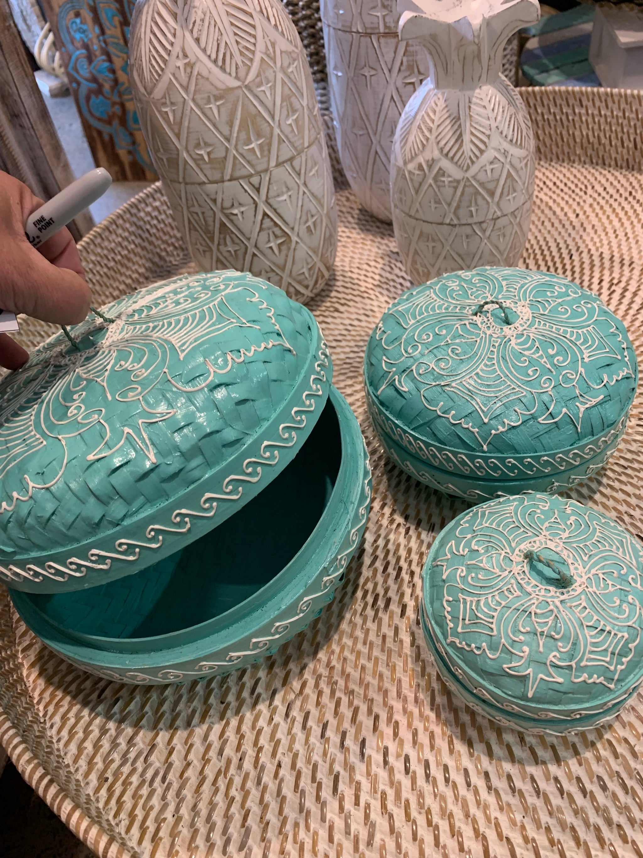 Turquoise set 3 container with lids. Hand painted mandala. Usually $95 - Bali Beach Beyond