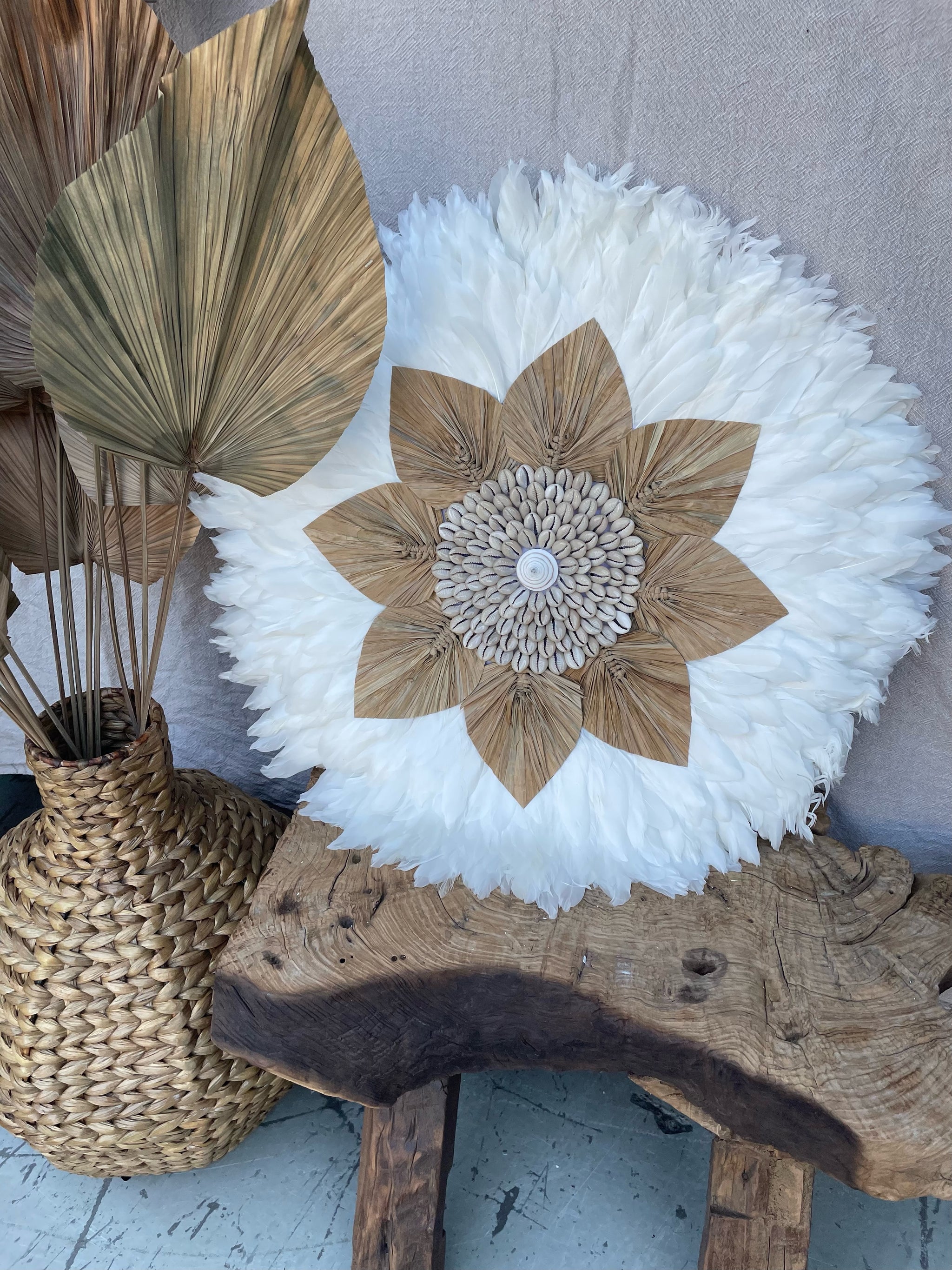 White juju with raffia leaf and natural shell. L - Bali Beach Beyond