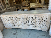 Carved rustic white timber sideboard / 4 door cabinet