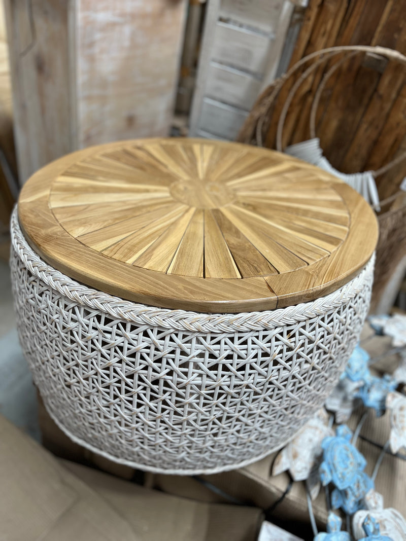 White rattan and natural timber top coffee table