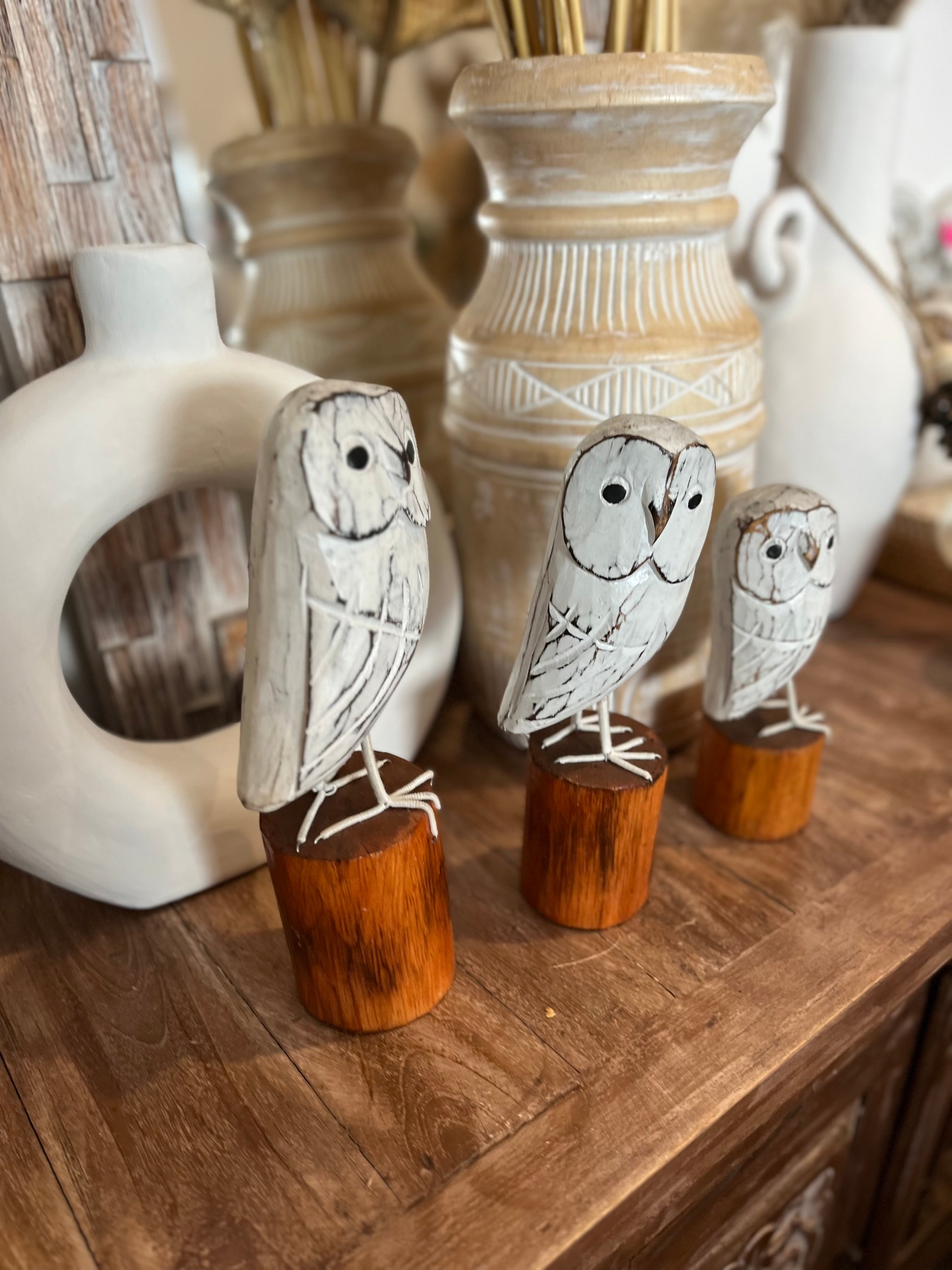 Set of 3 White timber owl on natural stand