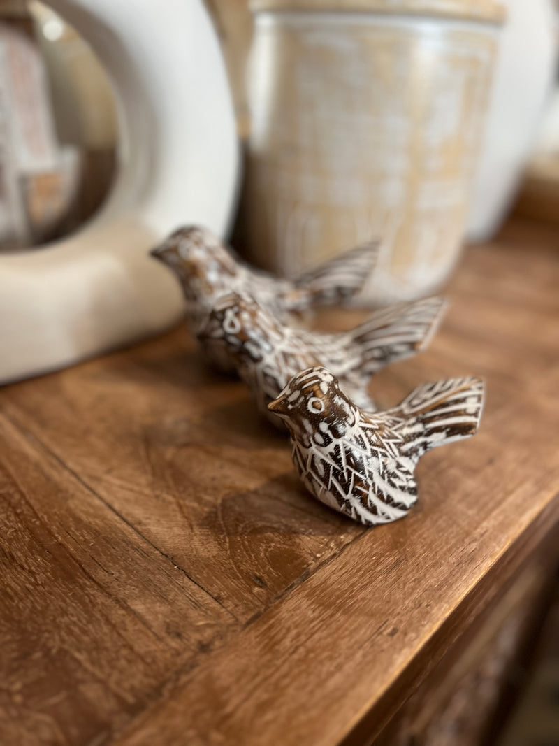 Set 3 timber handcarved birds. Brown