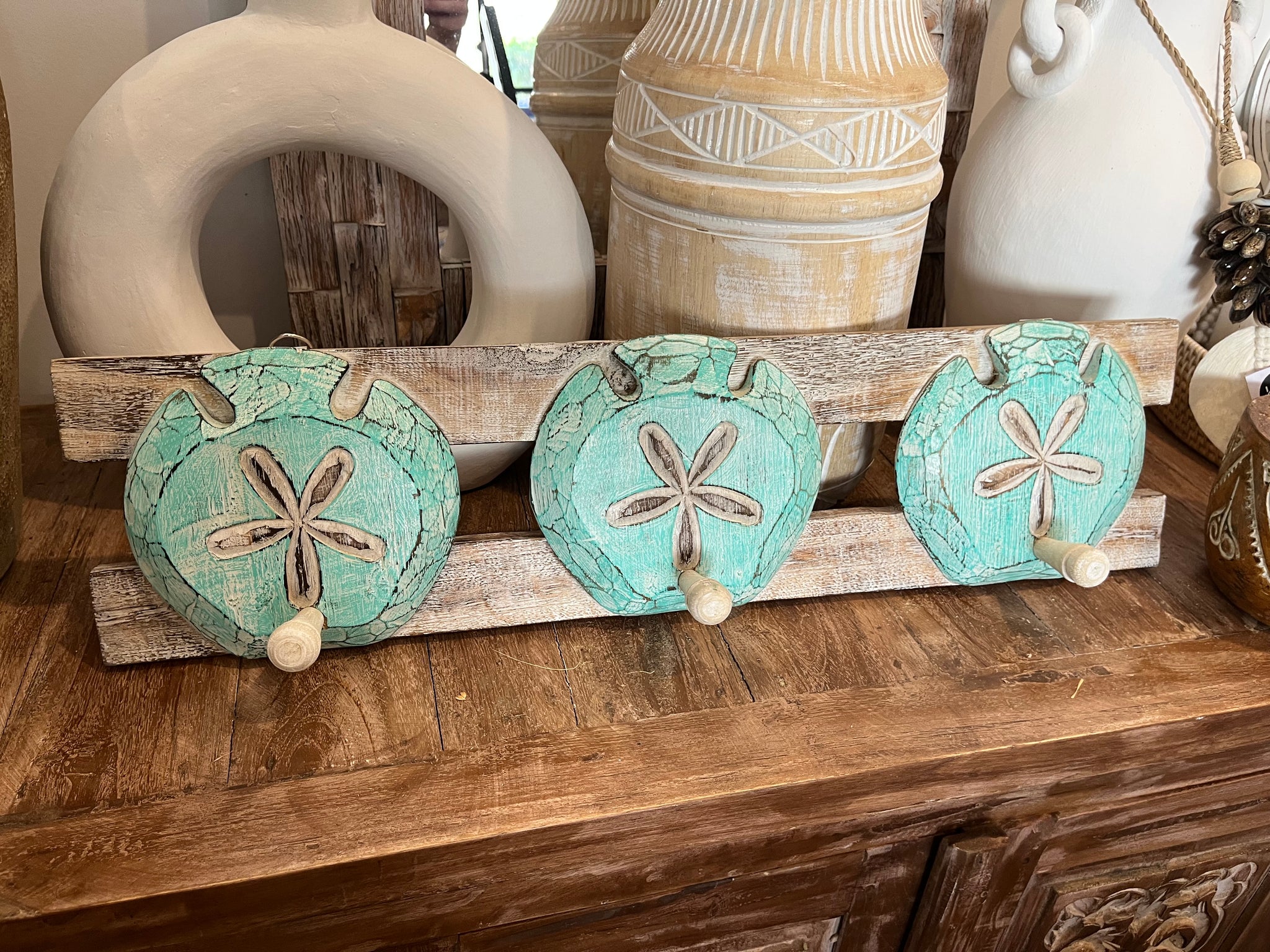 Shell timber coat rack / hook. Turquoise shell