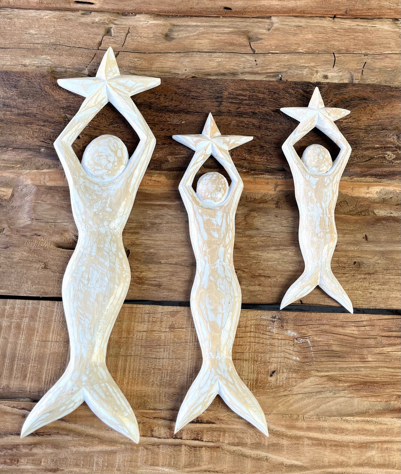 Set 3 white wash timber mermaids