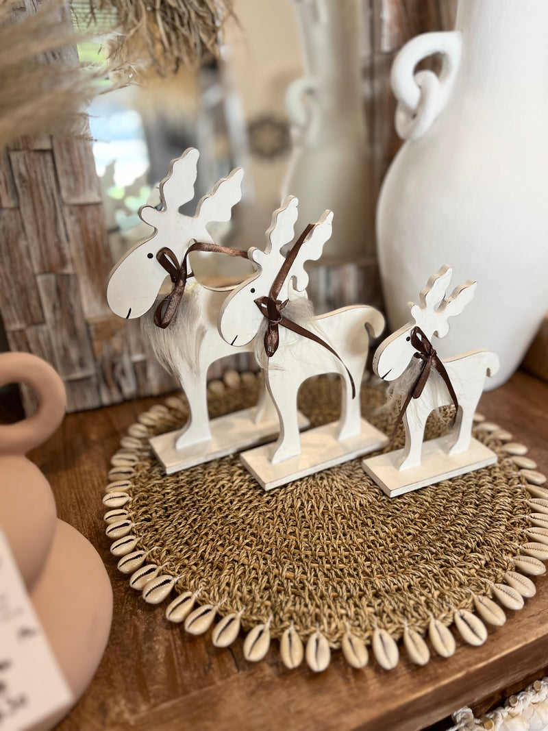 Handcrafted and handpainted set white reindeer christmas decoration