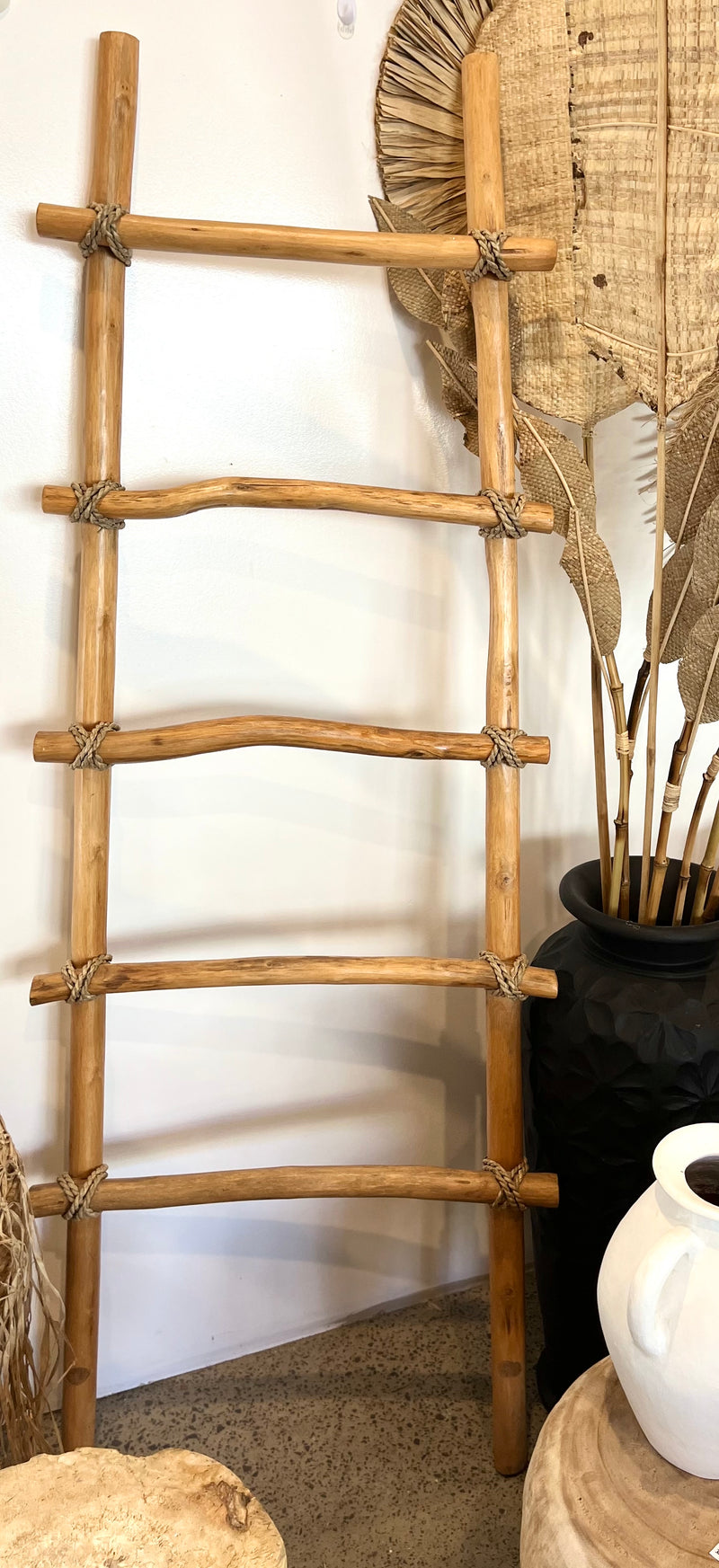 Decorative timber ladder with rope feature. Natural Finish 180cm h