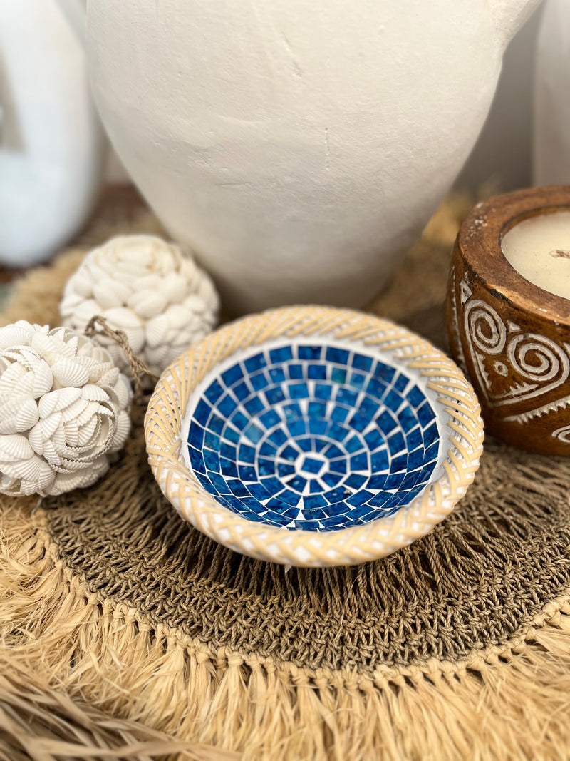 Terracotta bowl with mosaic detail. Blue