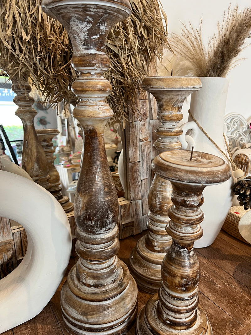 Rustic brown timber candlesticks. Set 3