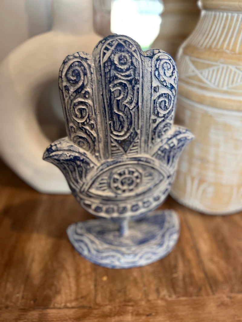 Hamsa handcarved hand. Blue. On stand. 30cm h