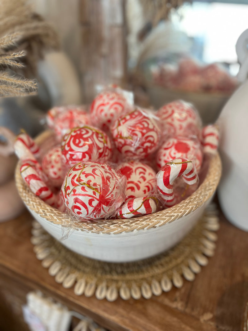 Handcrafted and handpainted timber Christmas balls decoration. Red and white.