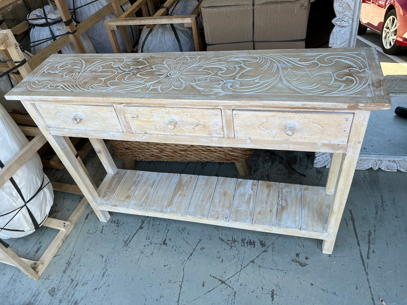 Timber sideboard with 3 drawers. Carved top. 80cm h