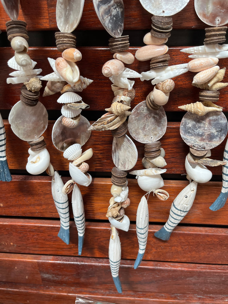 Timber fish, shell and wood wall hanging