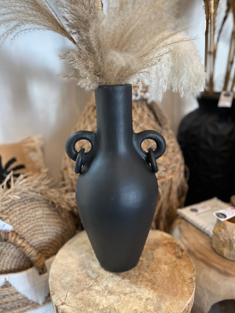 Black terracotta vase with ring handle detail