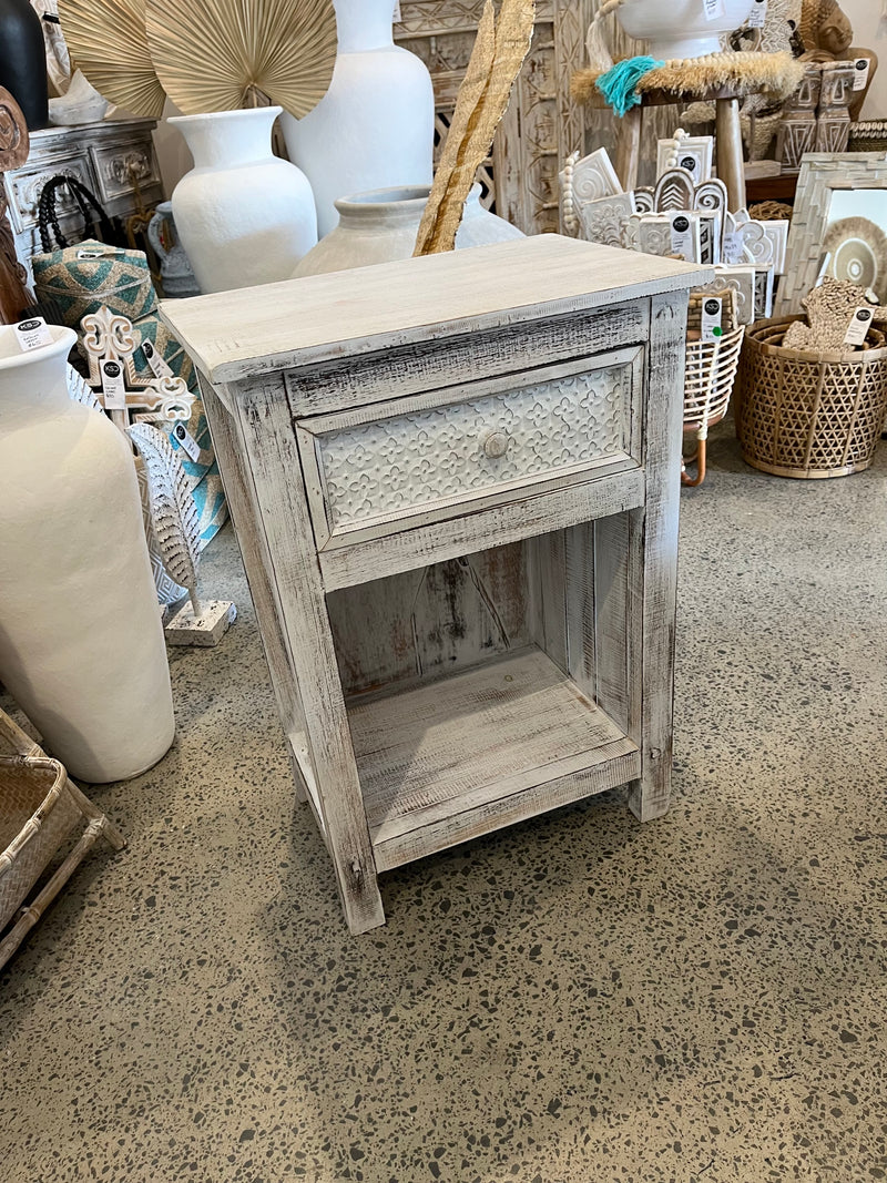 Rustic white timber bedside with pressed metal detailed drawer