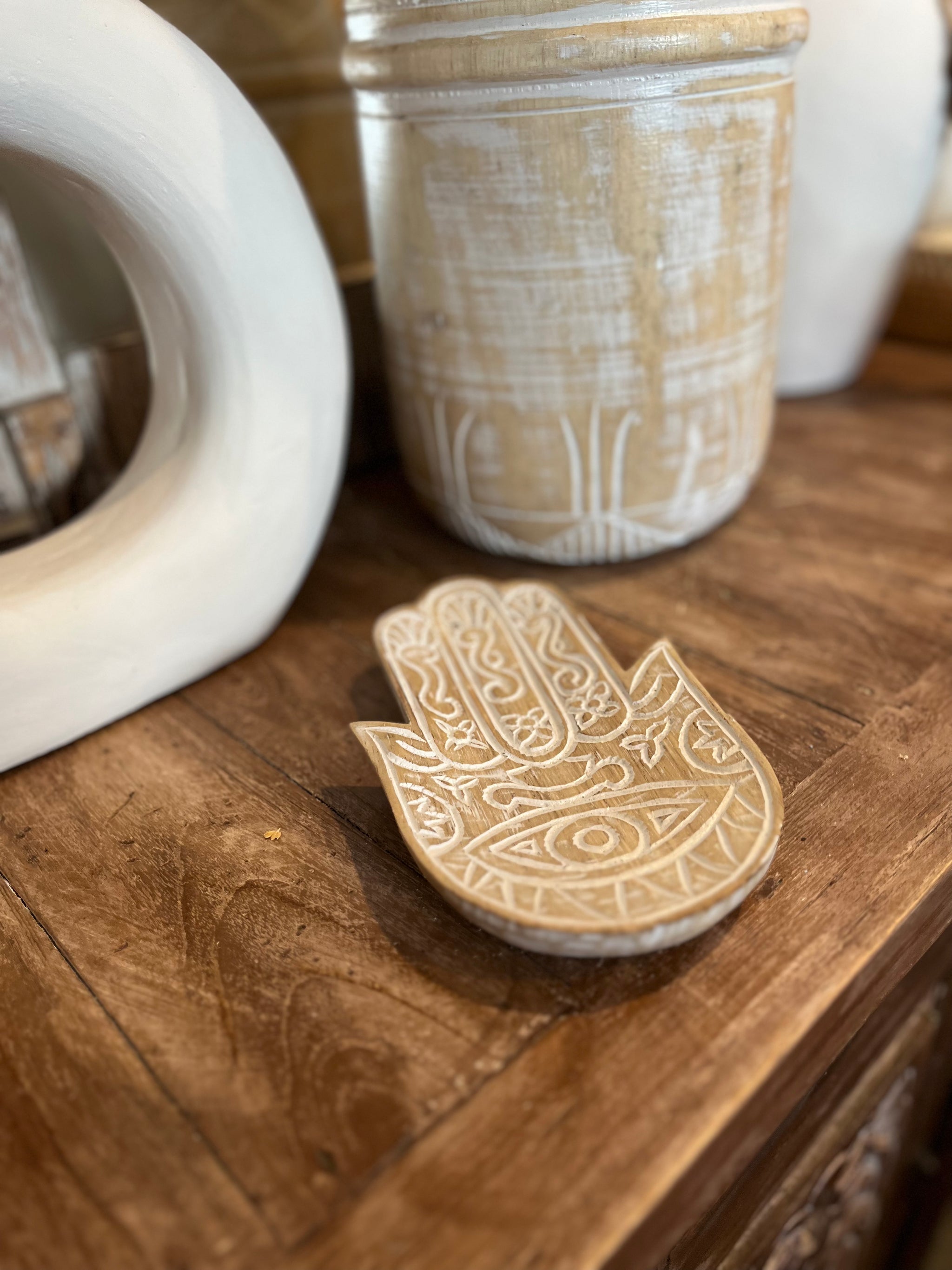 Hamsa hand handcarved tray / platter. Natural