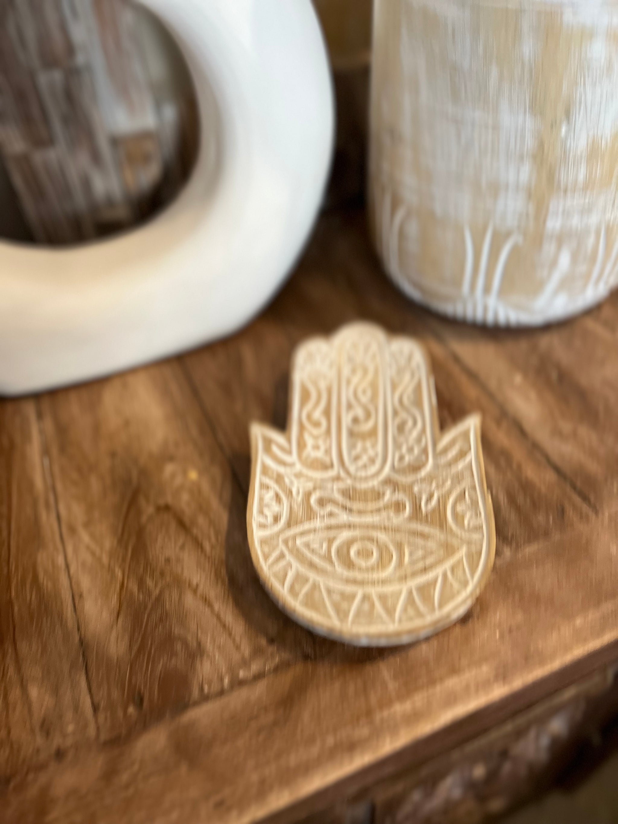 Hamsa hand handcarved tray / platter. Natural