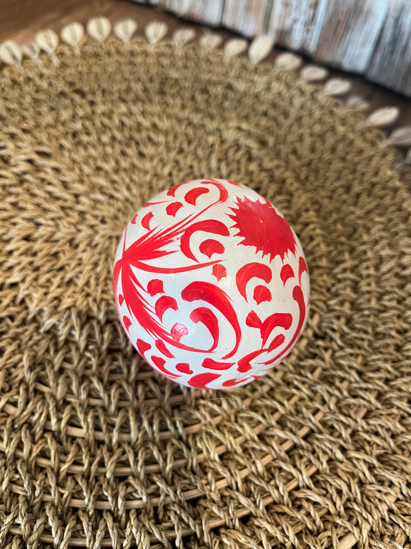 Handcrafted and handpainted timber Christmas balls decoration. Red and white.