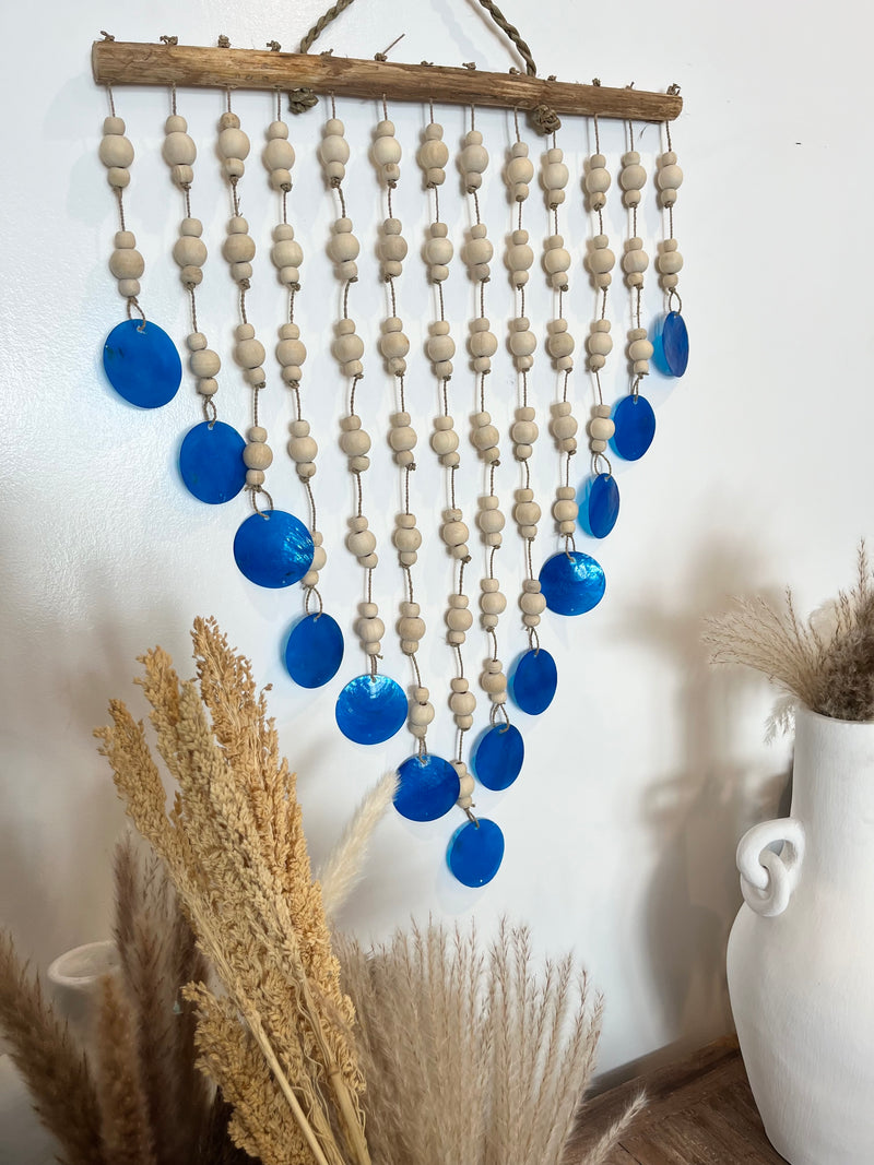 Blue shell and natural bead wall hanging