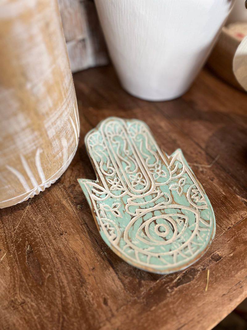 Hamsa hand handcarved tray / platter. Turquoise