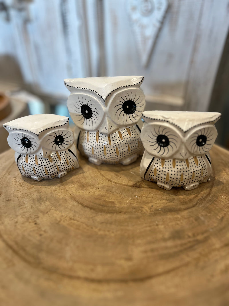 White handpainted timber owls. Set 3