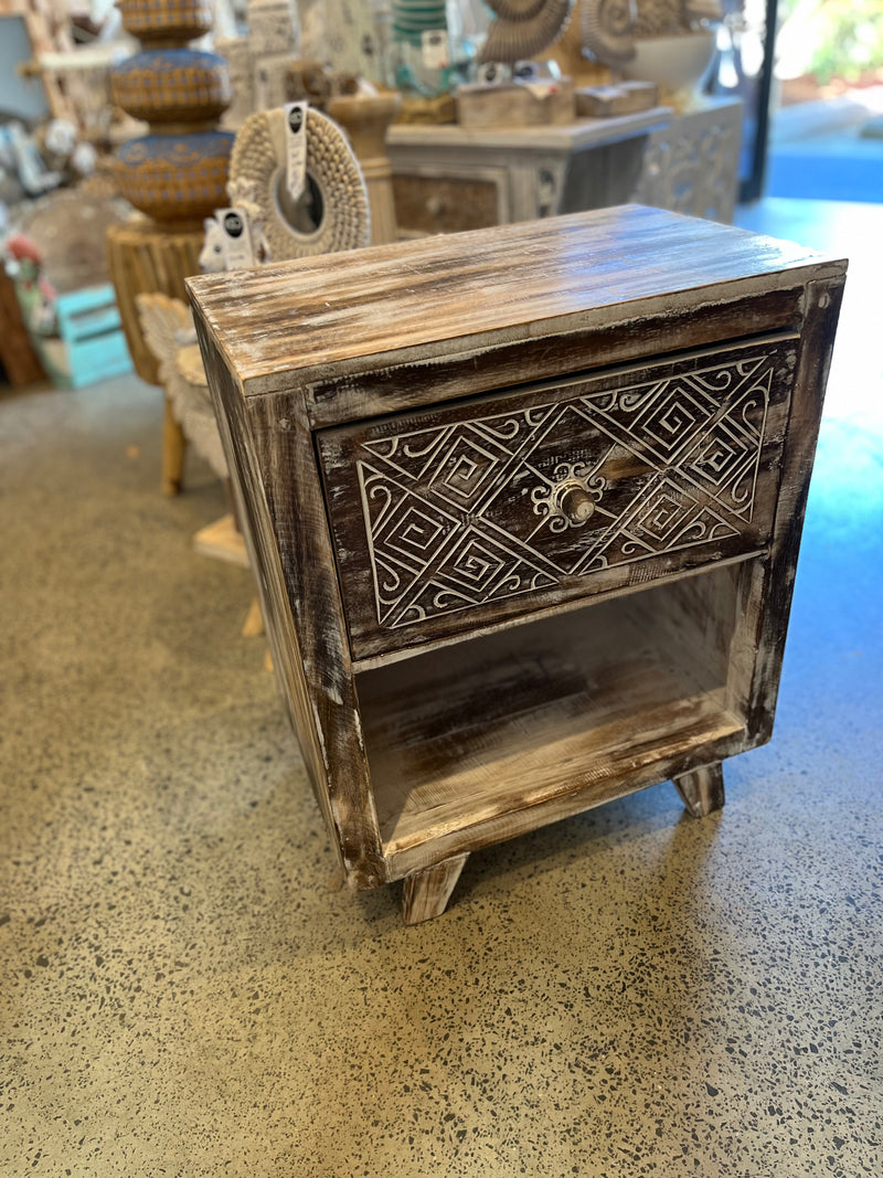 Rustic brown timber bedside with handcarved detailed drawer