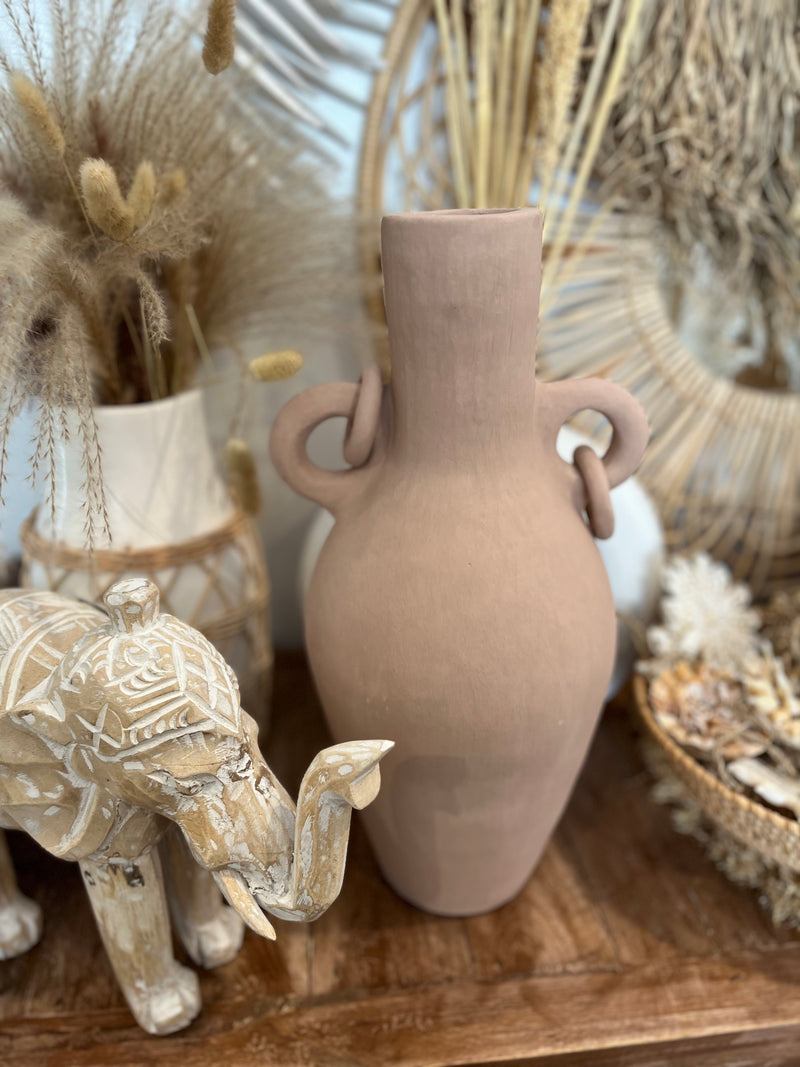 Salmon pink terracotta vase with ring handle detail