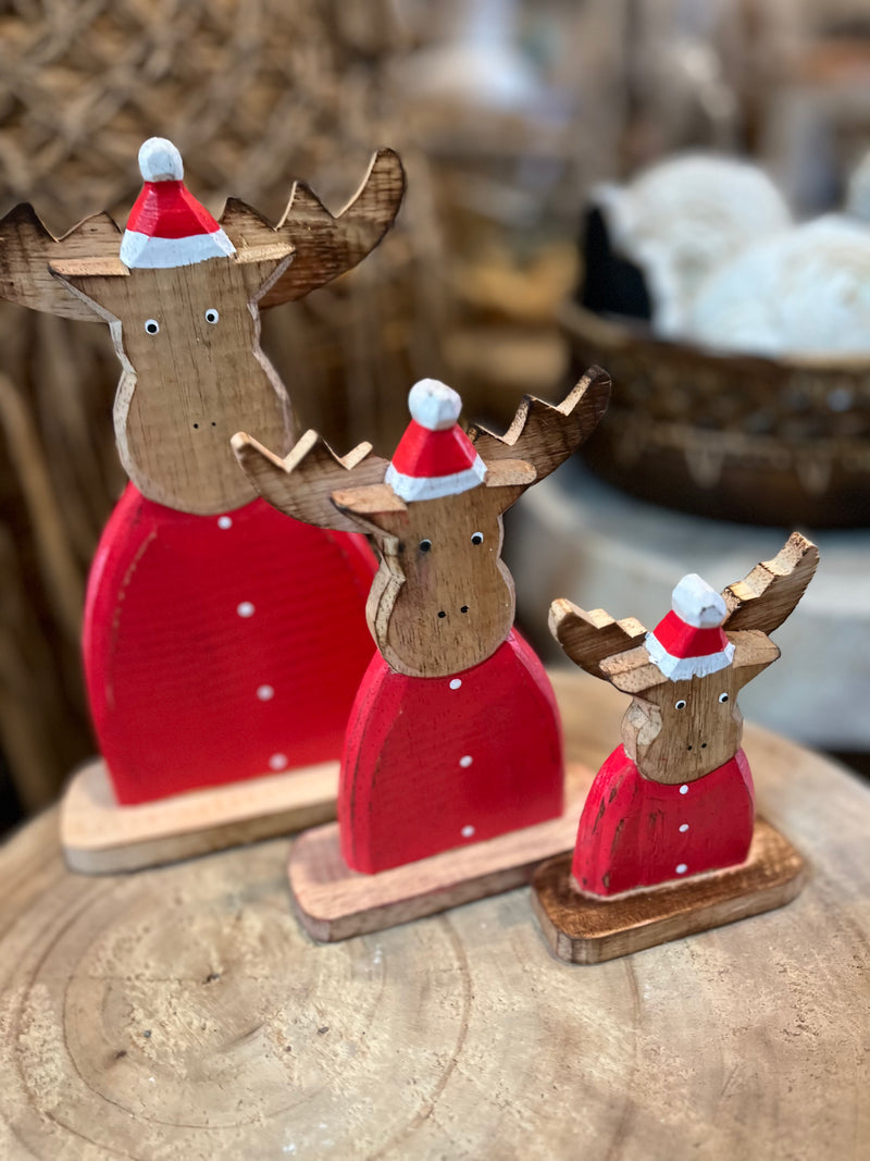 Handcrafted and handpainted set red reindeer christmas decoration