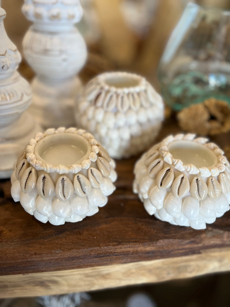 Set 3 white /  natural shell tealight / candle holder