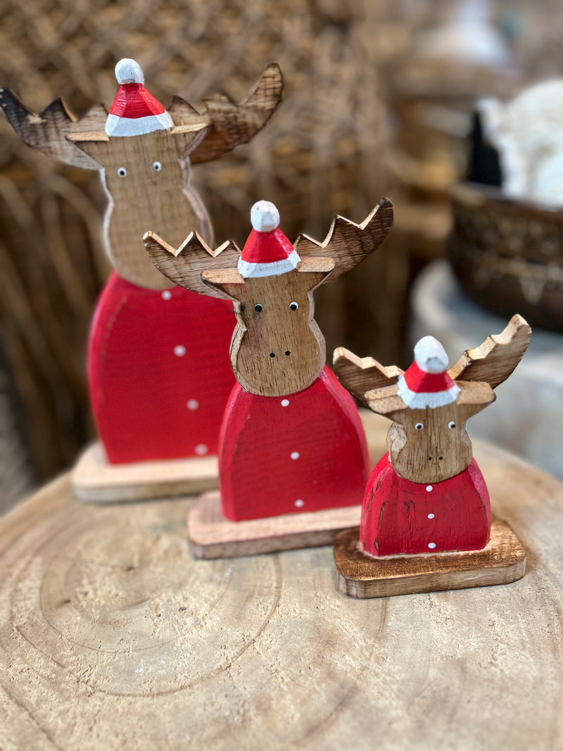 Handcrafted and handpainted set red reindeer christmas decoration