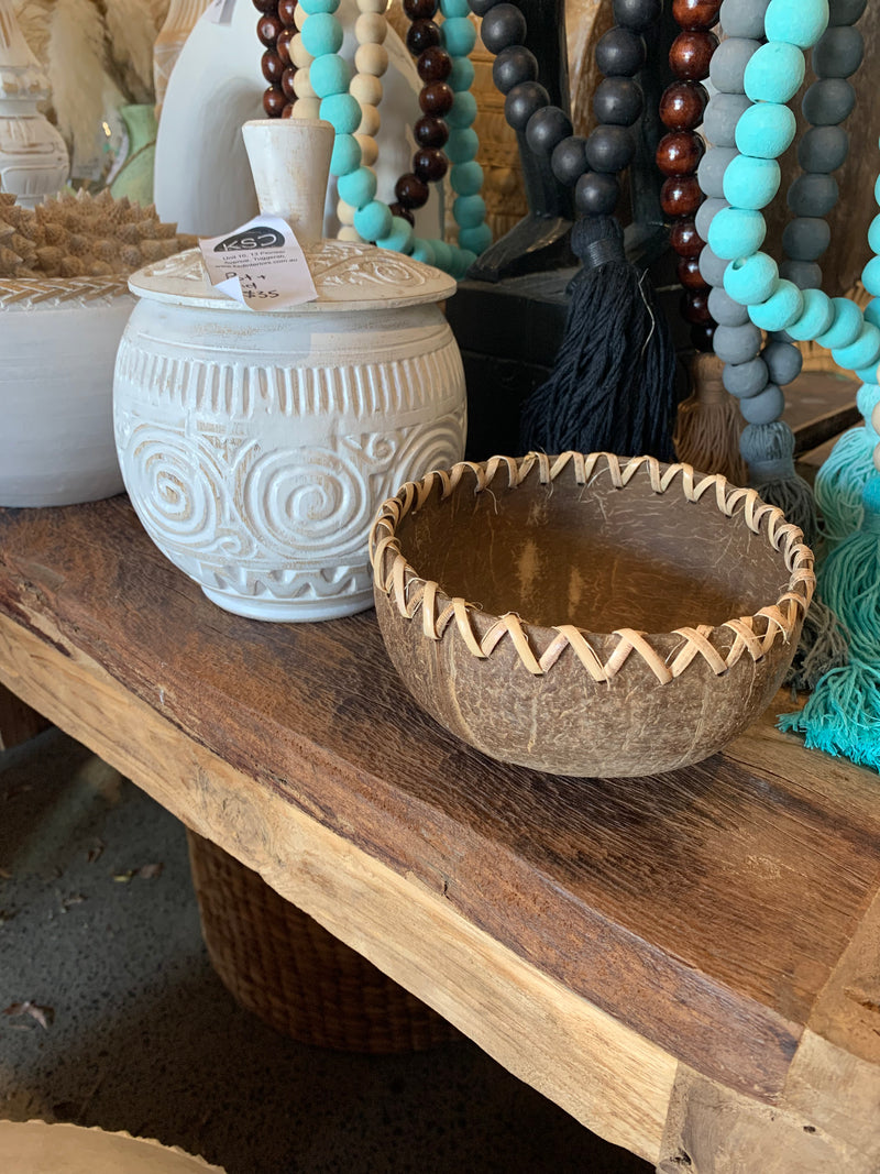 Brown coconut bowl with rattan detail