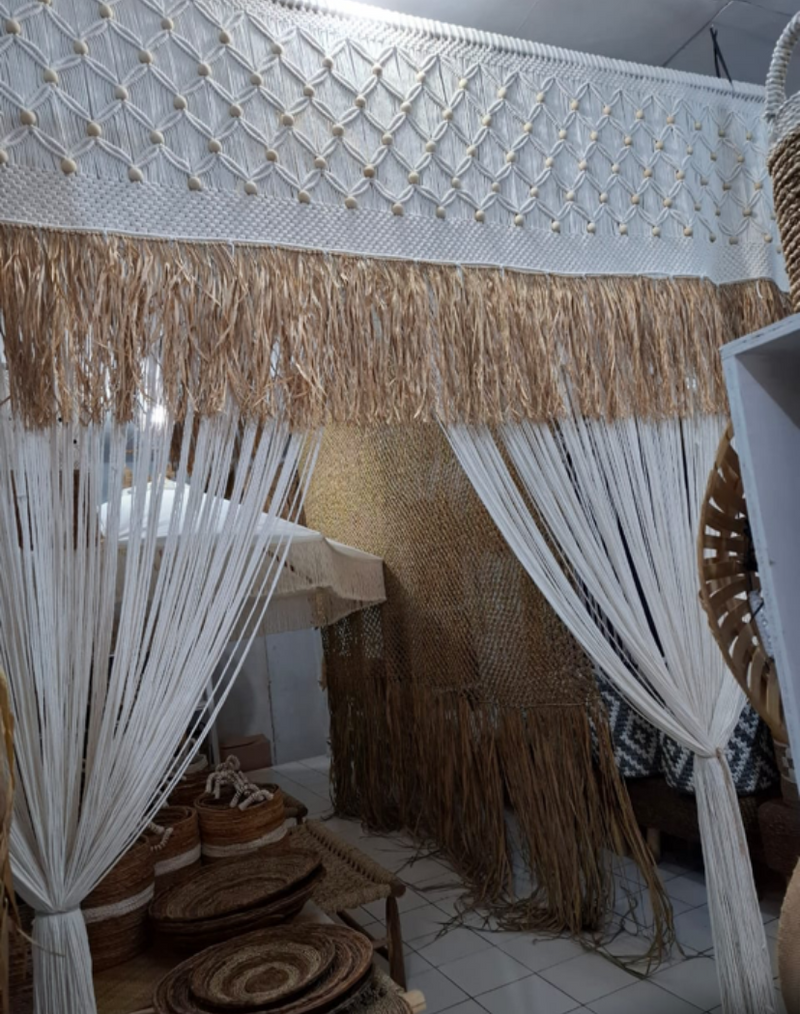 Macrame Bead & Raffia Wall Hanging / Handmade Bali Boho Decor