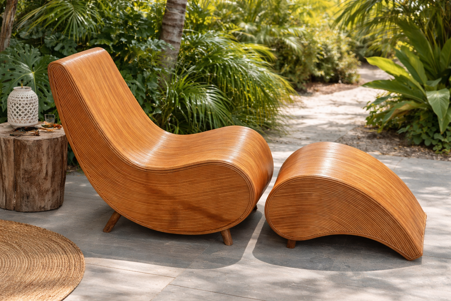 Handmade Bali Cane Lounge Chair & Ottoman / Coastal Boho Outdoor Furniture