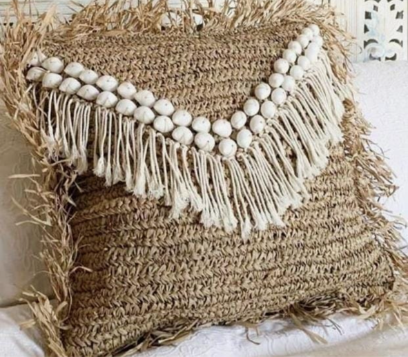 Handmade Seagrass & Shell Cushion – Bali Coastal Boho Decorative Throw Pillow