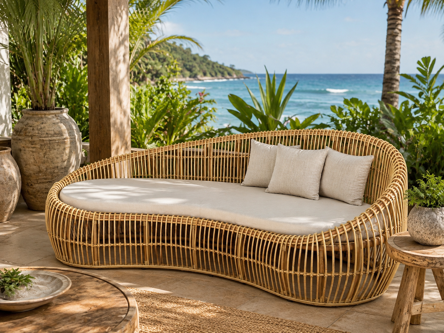 Curved Rattan Lounge – Handcrafted Bali Coastal Resort Sofa