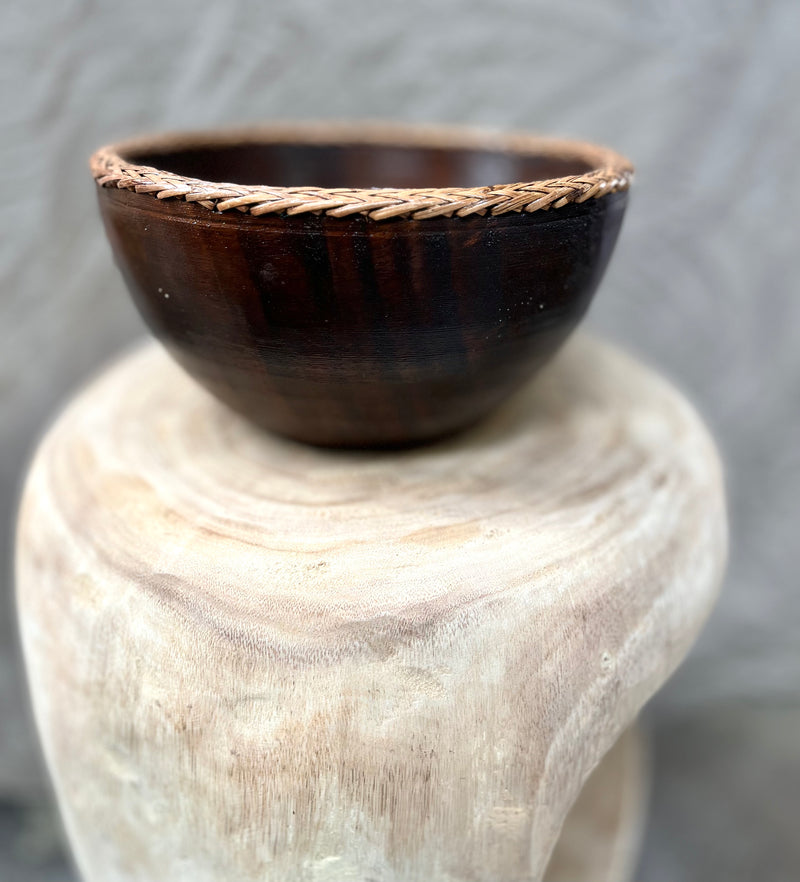 Brown timber bowl with rattan edge detail. M