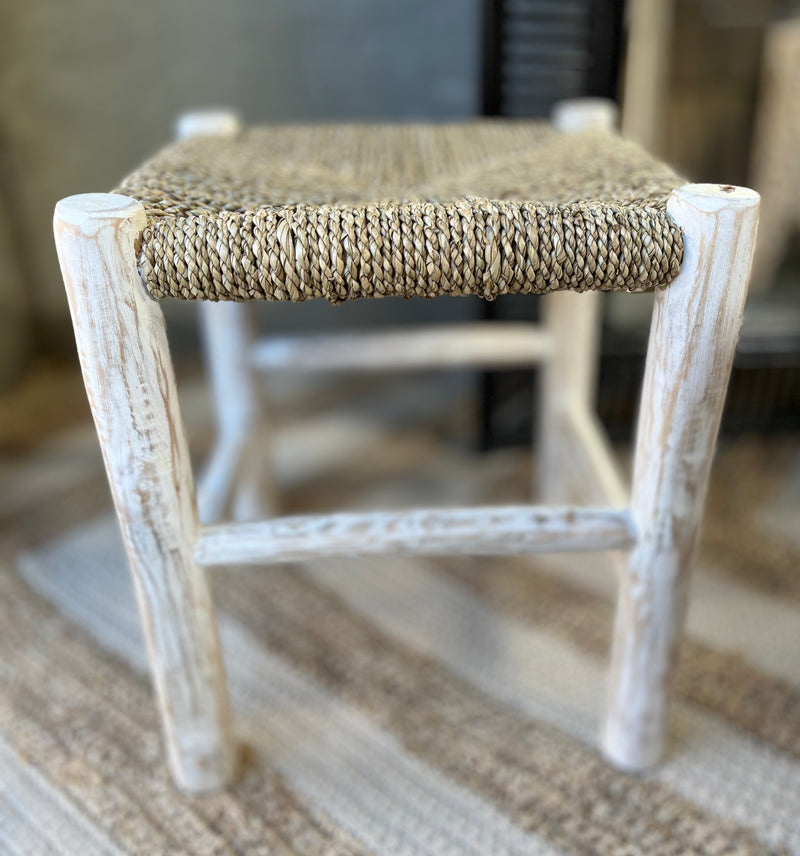 Square natural woven stool /side table with white timber  legs.