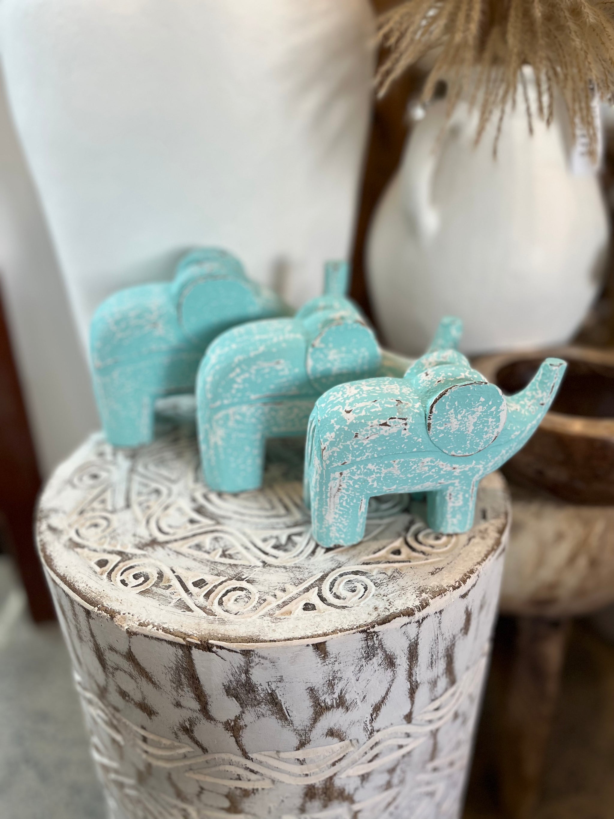 Set 3 timber handcarved elephants aqua / turquoise.