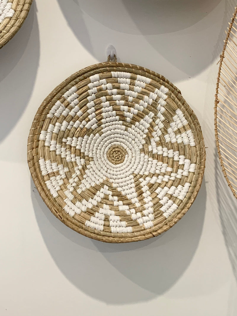 Natural and white woven wall platter. 42cm