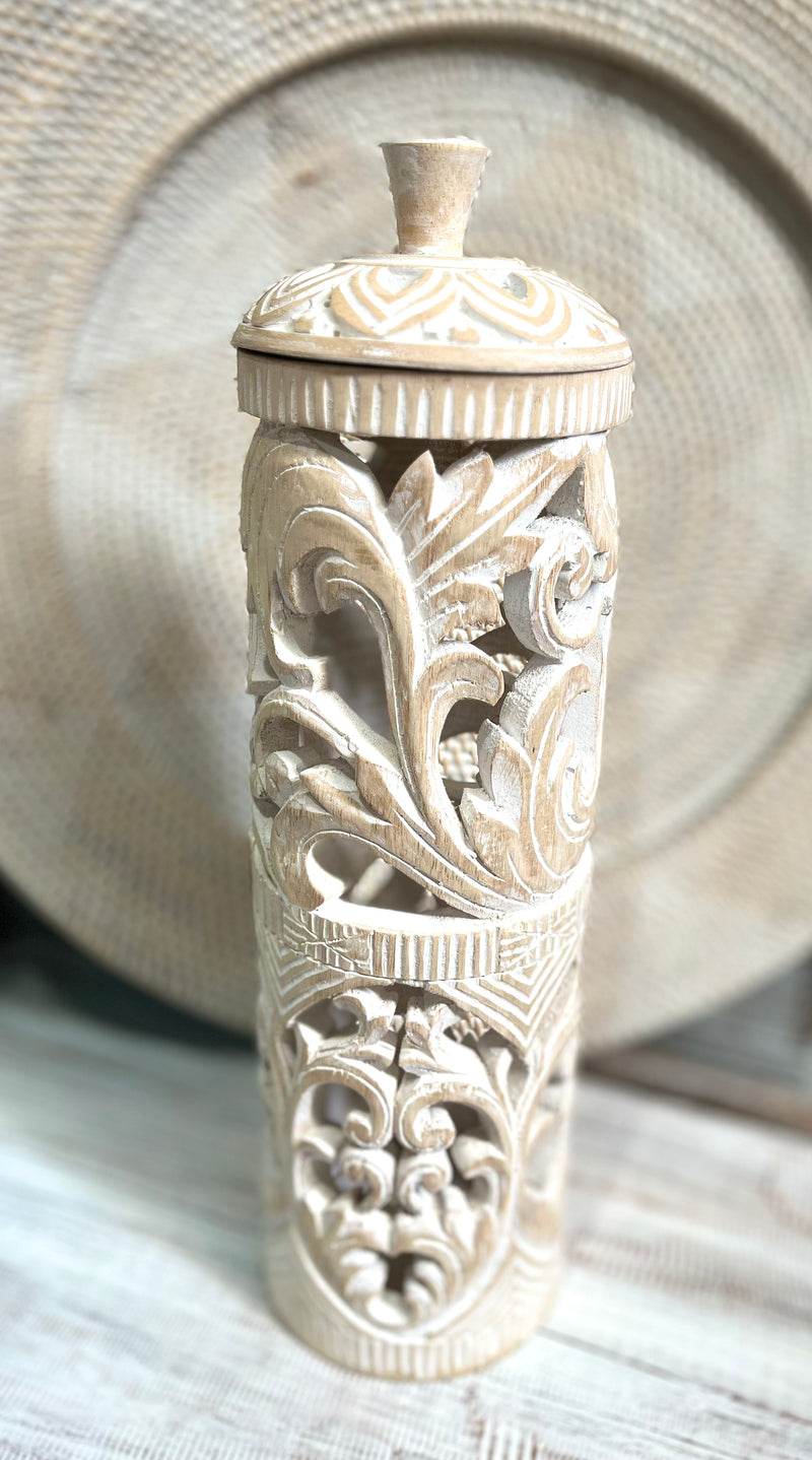 White wash timber carved container with lid. Fits toilet paper