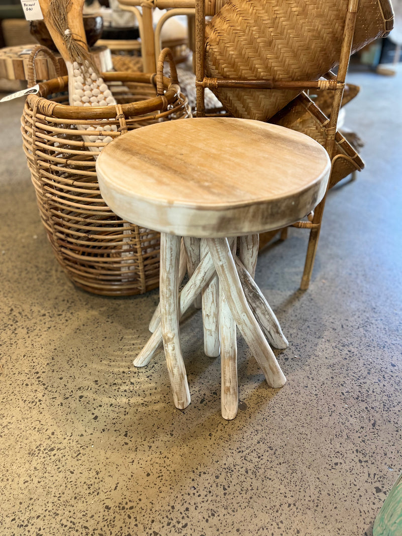 Timber round stool #2 / side table. Angled legs. White wash